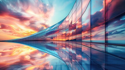 A breathtaking curved glass building mirrors the fiery sunset sky, showcasing futuristic architecture with a sleek design. The symmetry and reflections create an otherworldly vista - obrazy, fototapety, plakaty