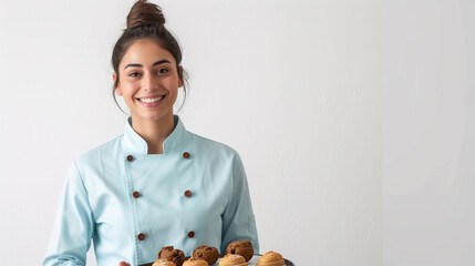 A female chef with a warm smile, holding a tray of freshly baked goods, her sky blue uniform crisp against the simplicity of a white background - obrazy, fototapety, plakaty