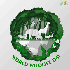 World Wildlife Day. Happy wildlife day with silhouette animals in green forest. Vector template for card, banner or poster.