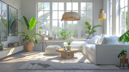Shot of a Bright Cozy Modern Apartment with Big Windows, Decorations and Stylish Furniture.