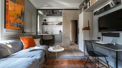 Fototapeta na wymiar Stylish micro apartment for one, with living room open to home office and kitchen in corridor