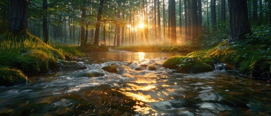 The gentle flow of a forest stream captures the ethereal light of dawn, with sunbeams piercing through the canopy. The tranquility of the scene is palpable in the soft glow on the water's surface