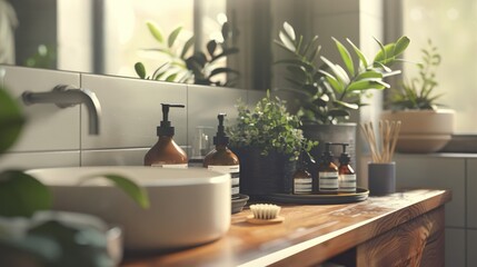 A serene bathroom setting with natural light, featuring eco-friendly products, wooden surfaces, and an array of green plants, evoking a fresh and clean atmosphere