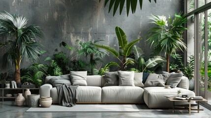 Stylish scandinavian living room interior with design sofa, furniture, tropical plants and decoration. Grey wall. Neutral concept. Template.