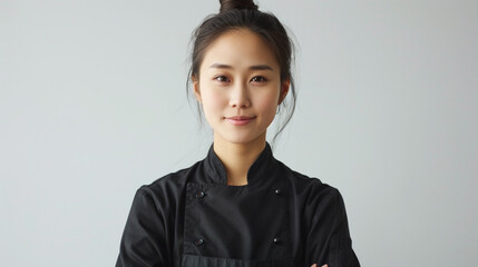 A portrait of a female chef radiating warmth and expertise, her black uniform immaculate against a backdrop of pure white - obrazy, fototapety, plakaty