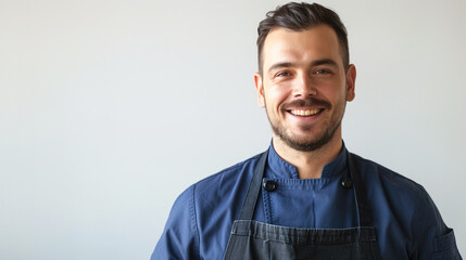 A smiling guy cook wearing a blue chef's outfit, grinning, stands out against a simple white...