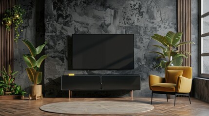 TV on the cabinet in modern living room with armchair on plaster wall background,3d rendering
