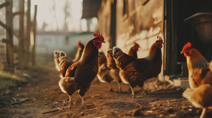 A majestic rooster stands prominently among a flock of chickens in a sunlit farmyard setting.
