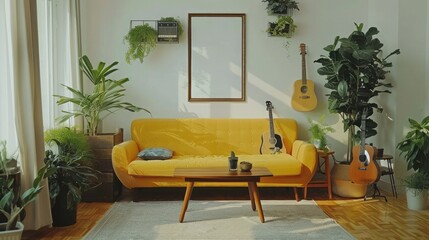 Vintage and cozy space of dining room with mock up poster frame, yellow sofa, wooden coffee table, guitar, plants, commode, decoration and personal accessories. Stylish home decor. Template.