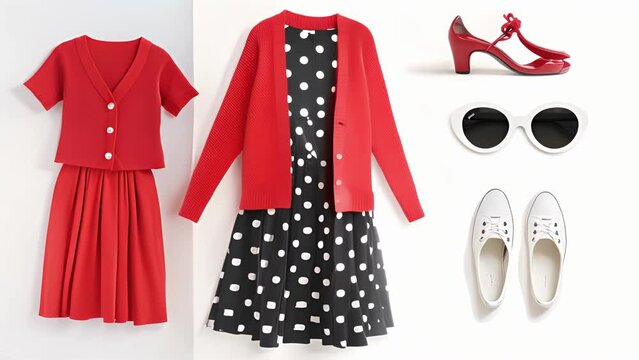 A retrochic outfit with a fitted polka dot dress red cardigan and white cateye sungles.