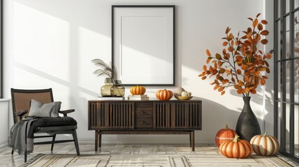 Warm and cozy living room interior with mock up poster frame with vintage sideboard, black chair, vase with dried flowers, box, carpet, pumpkins, sofa and personal accessories. Home decor. Template.
