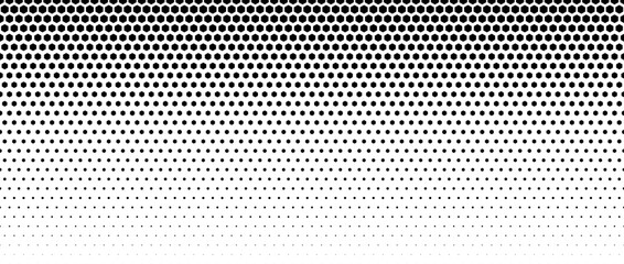 Hexagon dot halftone gradient texture. Abstract black grunge hex gradation background. Geometric retro tech wallpaper. Fading hexagonal pattern backdrop. Vector vanishing honeycomb grunge overlay - obrazy, fototapety, plakaty