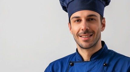 An image of a man cooking in a blue chef's costume with a sincere smile on his face set on a snow-white background - obrazy, fototapety, plakaty