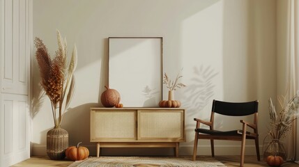 Warm and cozy living room interior with mock up poster frame with vintage sideboard, black chair, vase with dried flowers, box, carpet, pumpkins, sofa and personal accessories. Home decor. Template.