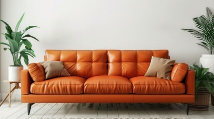 White wall interior living room have orange leather sofa and decoration minimal.3d rendering