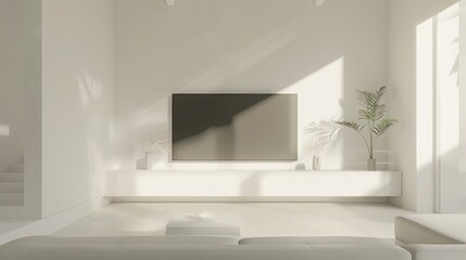 White wall mounted tv on cabinet in living room with leather sofa,minimal design.3d rendering