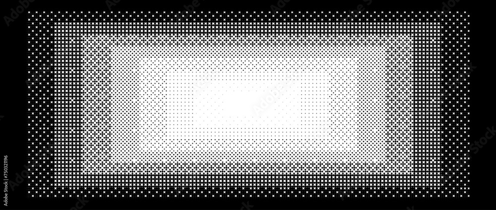 Poster Pixelated gradient rectangle frame. Black dithered central gradation texture. Retro bitmap game background. Halftone 8 bit wallpaper. Vintage rectangular pixel art border. Vector vanishing backdrop