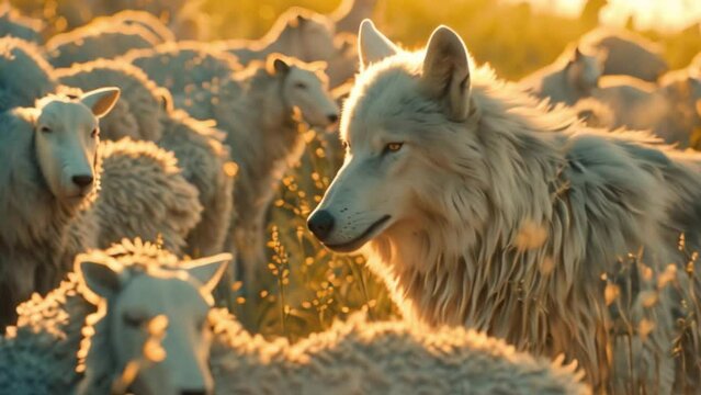Wolf between sheeps. video 4k
