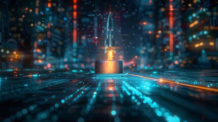 3d render rocket launch on computer laptop. new business start-up ideas. learning knowledge creativity. business success concept. 3d rendering illustration cartoon minimal style.