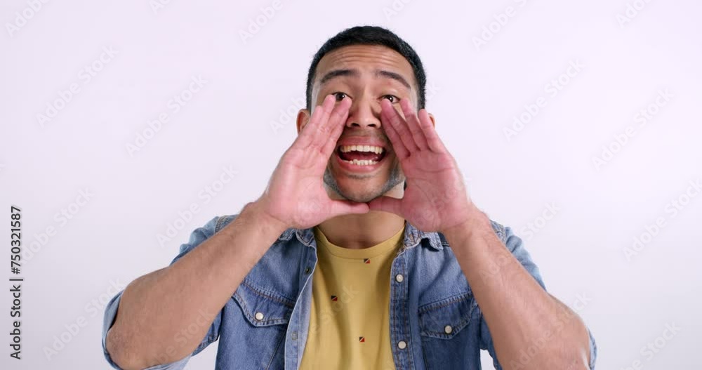 Poster shouting, voice and face of man with attention for announcement and greeting in mockup. studio, back