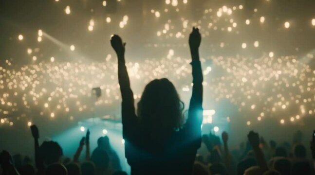 People raise their hands at a concert event with lights