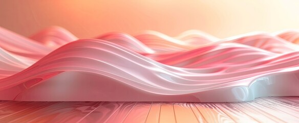 Abstract wavy background in pastel pink and orange hues with a reflective surface, suitable for branding and product placement.