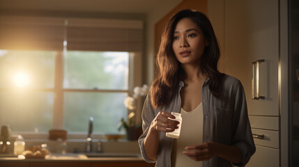 Amidst a scene of self-care at home, a photo freezes the moment as an Asian young woman holds a pill capsule, intended for relieving stomach pain or headache.