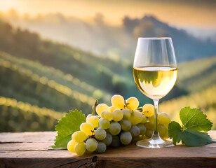 白ワインのグラスとブドウの房、木のテーブルに自然の風景