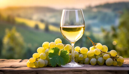 白ワインのグラスとブドウの房、ぶどう畑の背景