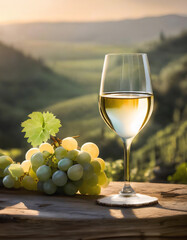 ブドウの房と白ワインのグラス