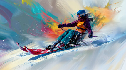 Digital art of an adaptive skier in action on snowy slope.