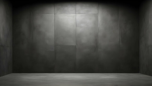 Empty room with black, dark and gray abstract cement wall and studio room with spotlights, interior texture for display products. wall background.