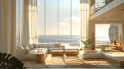 A building with a spacious living room featuring floortoceiling windows overlooking the ocean. The interior design includes wooden flooring, with a view of boats on the water and the sky