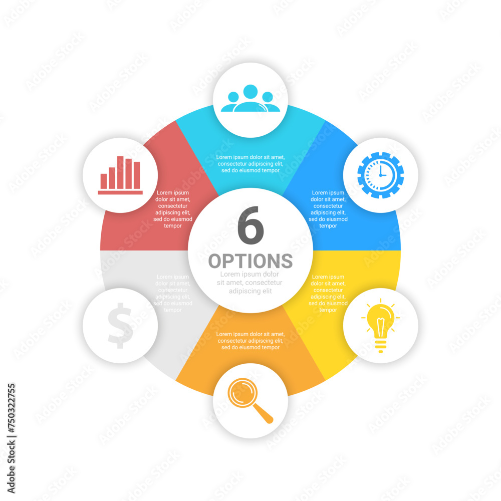 Wall mural circle business infographic template with 6 steps or options. the concept can be used for diagram, g