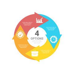 Circle business infographic template with 4 steps or options and arrows. The concept can be used for diagram, graph, chart, business presentation or web. Vector design element illustration.