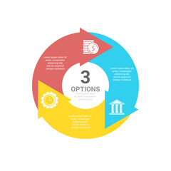 Circle business infographic template with 3 steps or options and arrows. The concept can be used for diagram, graph, chart, business presentation or web. Vector design element illustration.