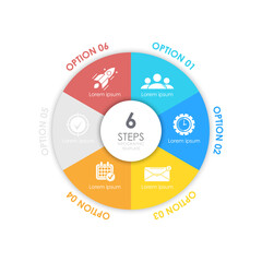 Circle business infographic template with 6 steps or options. The concept can be used for diagram, graph, chart, business presentation or web. Vector design element illustration.
