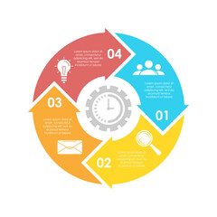Circle business infographic template with 4 steps or options and arrows. The concept can be used for diagram, graph, chart, business presentation or web. Vector design element illustration.