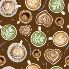 Watercolor seamless pattern with coffee cups