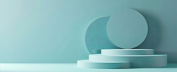 Minimalistic abstract background with soft blue hues and geometric podiums for product display.