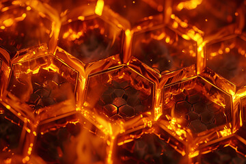 Abstract hexagonal fire grid background. Hexagons surface pattern, honeycomb. Orange fire backdrop