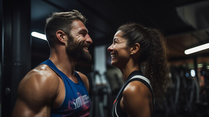 As they exit the gym, a happy athletic couple shares a moment of triumph, their bodies glistening with sweat and adrenaline, the sound of upbeat music spilling out from the gym doors. - obrazy, fototapety, plakaty