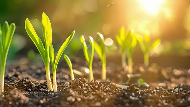 Vibrant green shoots poke through the soil reaching towards the warm sunlight above. The tip of each sprout is delicately coated in fine grains of dirt a sign of their strong