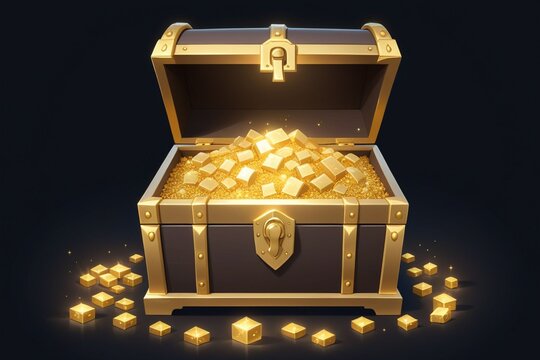 A treasure chest filled with many gold on a dark background, horizontal composition