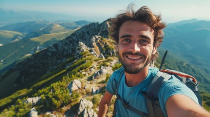 Naklejka premium Elated hiker grins on a mountain peak selfie. Sunlight bathes him in golden light, while breathtaking scenery stretches behind.