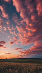 Fototapeta premium Dramatic sunset or sunrise sky with pink clouds over a tranquil rural landscape.