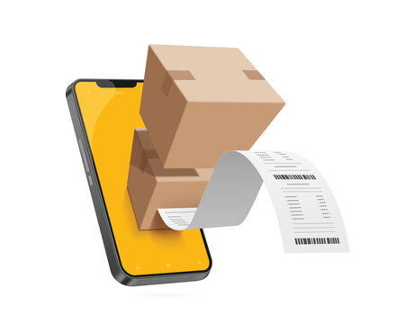 online shopping ,cardboard box or parcel box and receipt paper or invoice place on smartphone screen or mobile phone for delivery concept, vector 3d isolated on white background for advertising