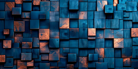 Abstract 3D geometric blue and copper background - obrazy, fototapety, plakaty