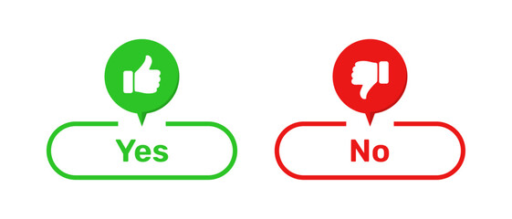 Yes and No buttons with like and dislike symbols green and red color. Yes and No buttons with thumbs up and thumbs down symbols. Check box icon with thumbs up and down symbol with yes and no buttons. - obrazy, fototapety, plakaty