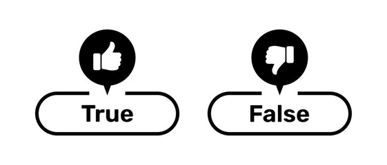 True and False buttons with like and dislike symbols black color. True and False buttons with thumbs up and thumbs down symbols. Check box icon with thumbs up and down symbol with true false buttons.
